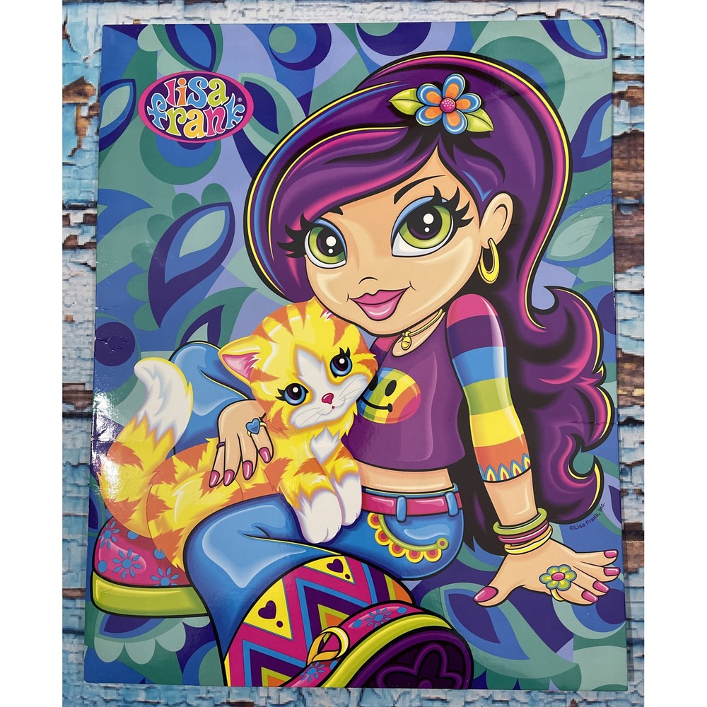 Vintage LISA FRANK Folder Groovy Hippie Girl With Cat Y2K 2001